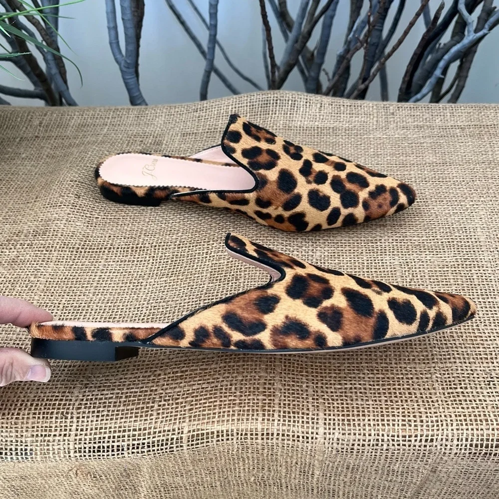 J. Crew Leopard Calf Hair Pointed Toe Flat Slides Size 5.5
